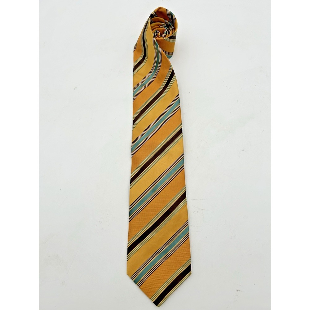 Ermenegildo Zegna 100%‎ Silk Gold Blue Striped Italian Luxury Designer Mens Tie